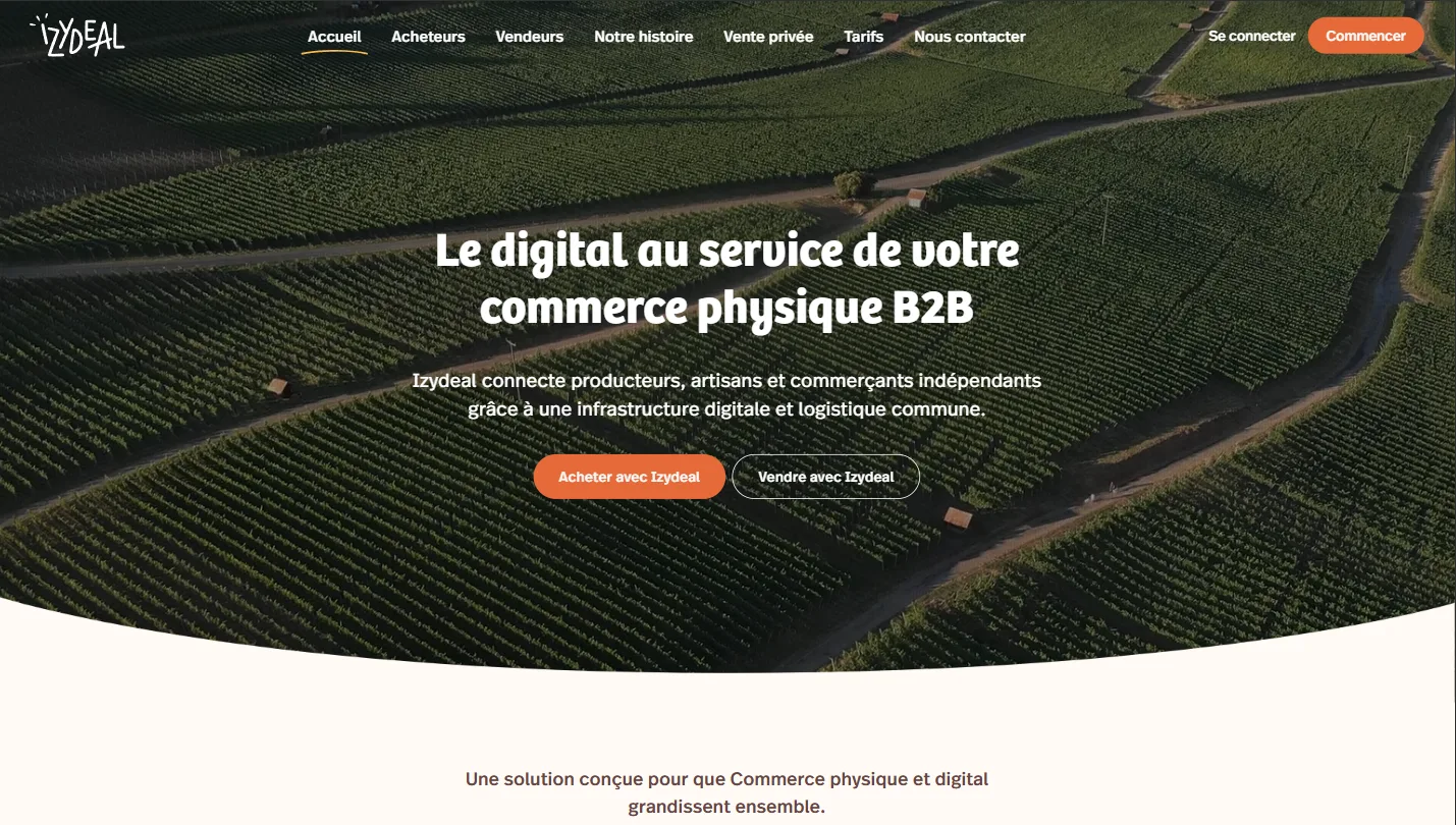 Capture du projet IzyDeal | Conception intégrale du site marketing. Marketplace B2B connectant producteurs, artisans et commerçants indépendants.